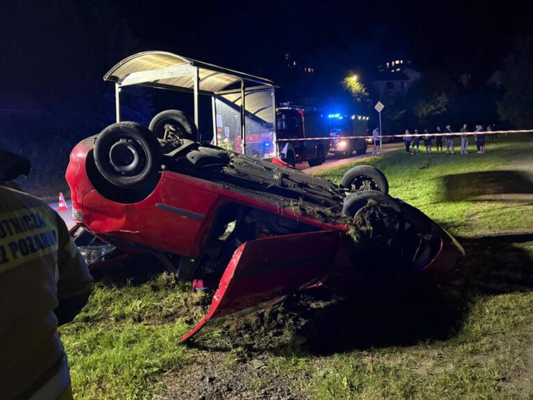 Samochód dachował i uderzył w przystanek. Nocna akcja służb w Międzybrodziu Żywieckim